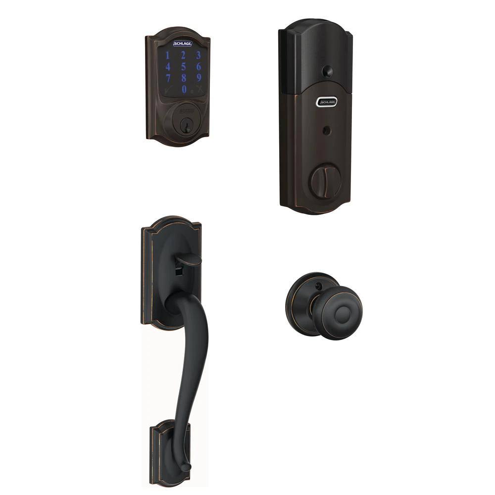 Bronze Smart Deadbolt with Camelot Trim and Aged Entry Door Handle Set with Georgian Door Knob M472341