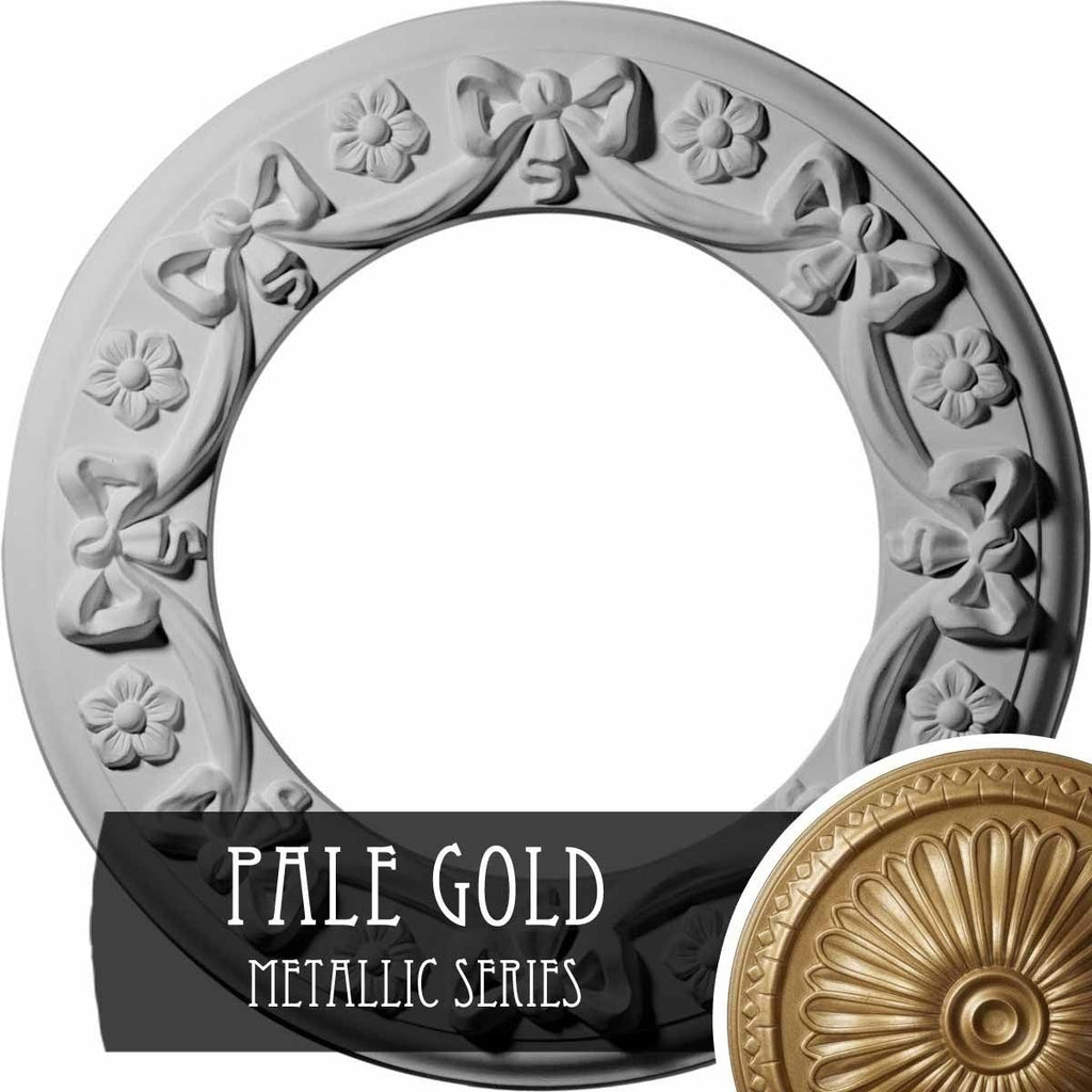 12 1/4x22OD x 7 1/2x22ID x 7/8x22P Ribbon with Bow Ceiling Medallion, Hand-Painted Pale Gold K446