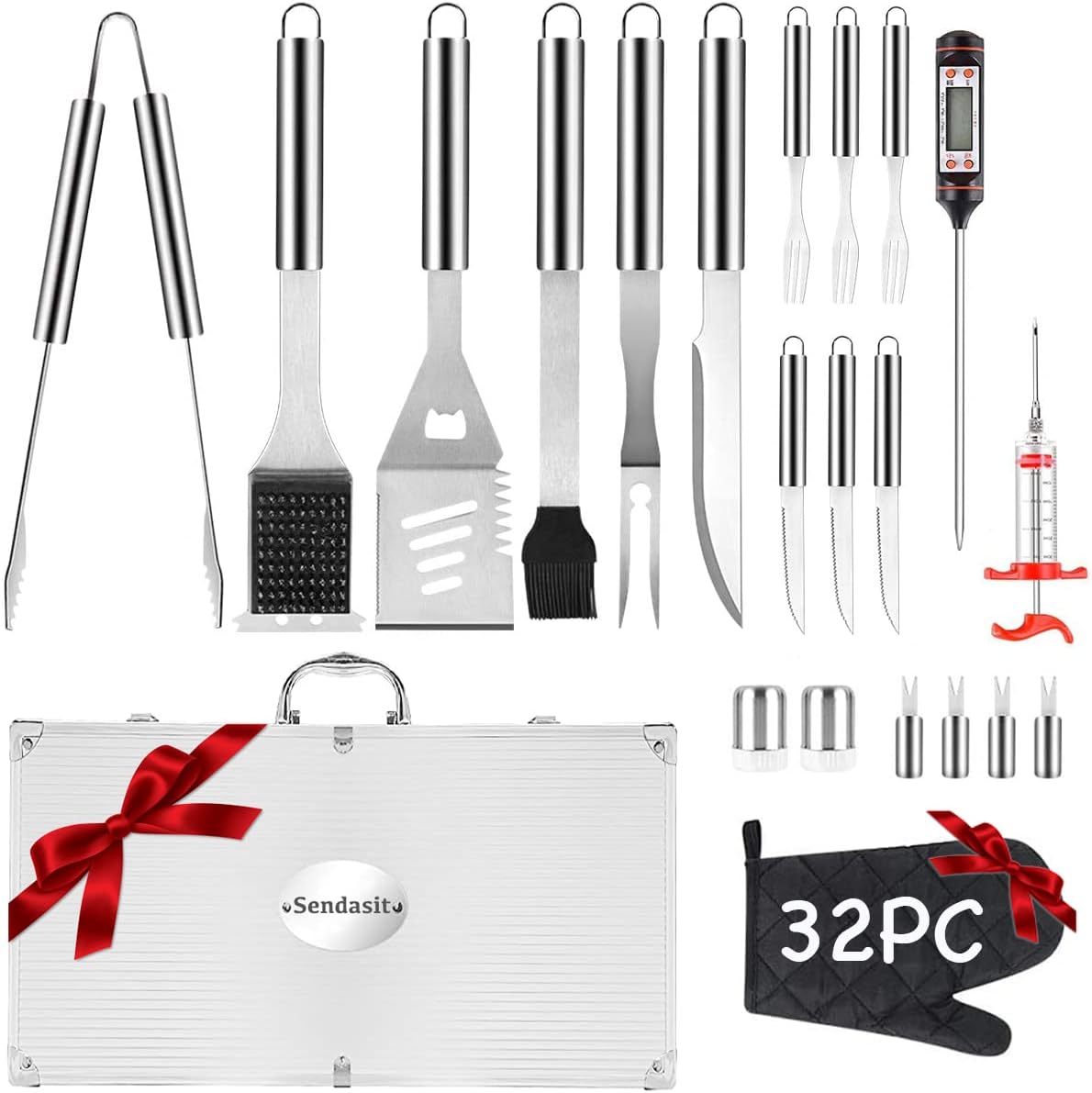 32 PCS BBQ Grill Tool Set with Thermometer in Heavy Duty Aluminum Case V7783