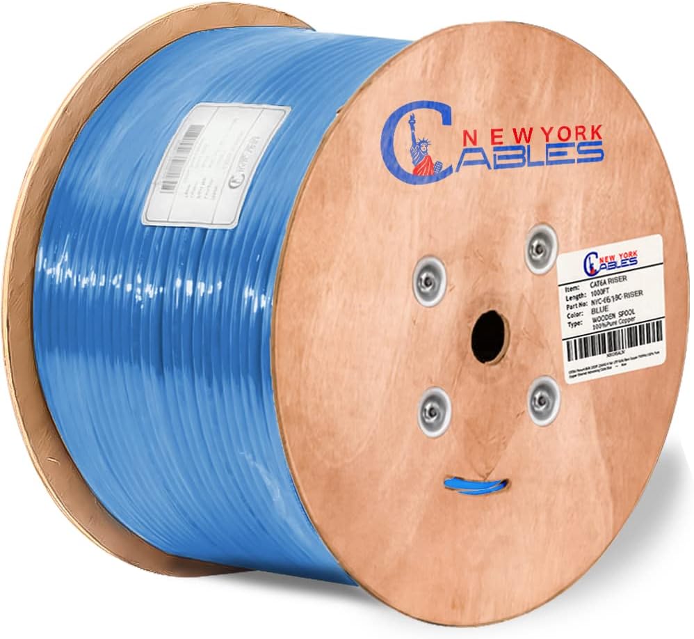 Cat6a Riser Bulk Ethernet Cable 1000ft CMR Rated Spool Solid Bare Copper 23AWG UTP Black B7262