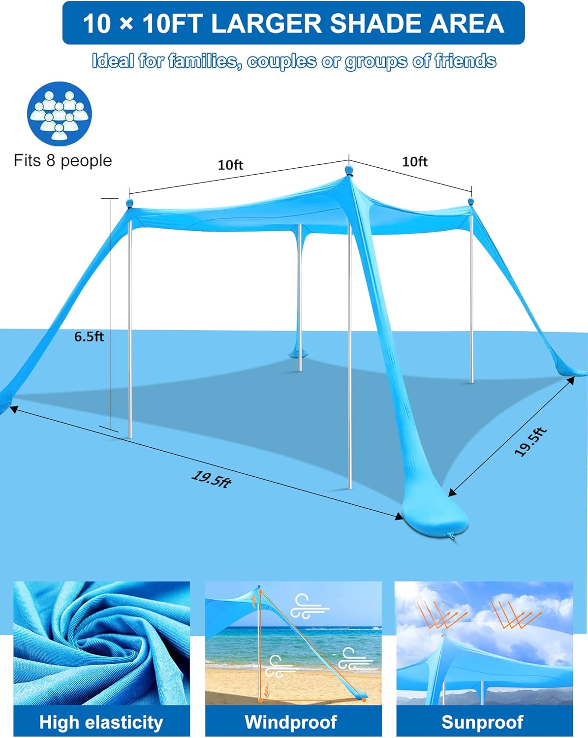 Beach Canopy with 4 Aluminum Poles, UPF50+ Sun Shelter, Pack of 2 O36776