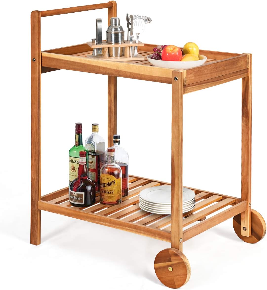 Outdoor Acacia Wood Serving Cart with 2 Trays (Teak) Y418445