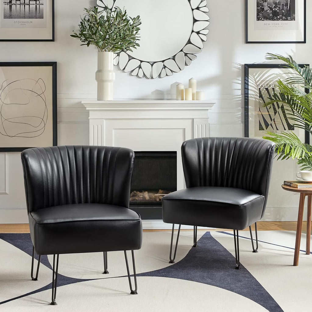 Faux Leather Accent Chairs Set Of 2 With Metal Base, Black T444