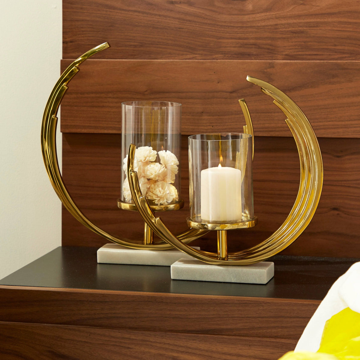 Set of 2 Gold-Tone Metal Candle Holders with Marble Bases J48962