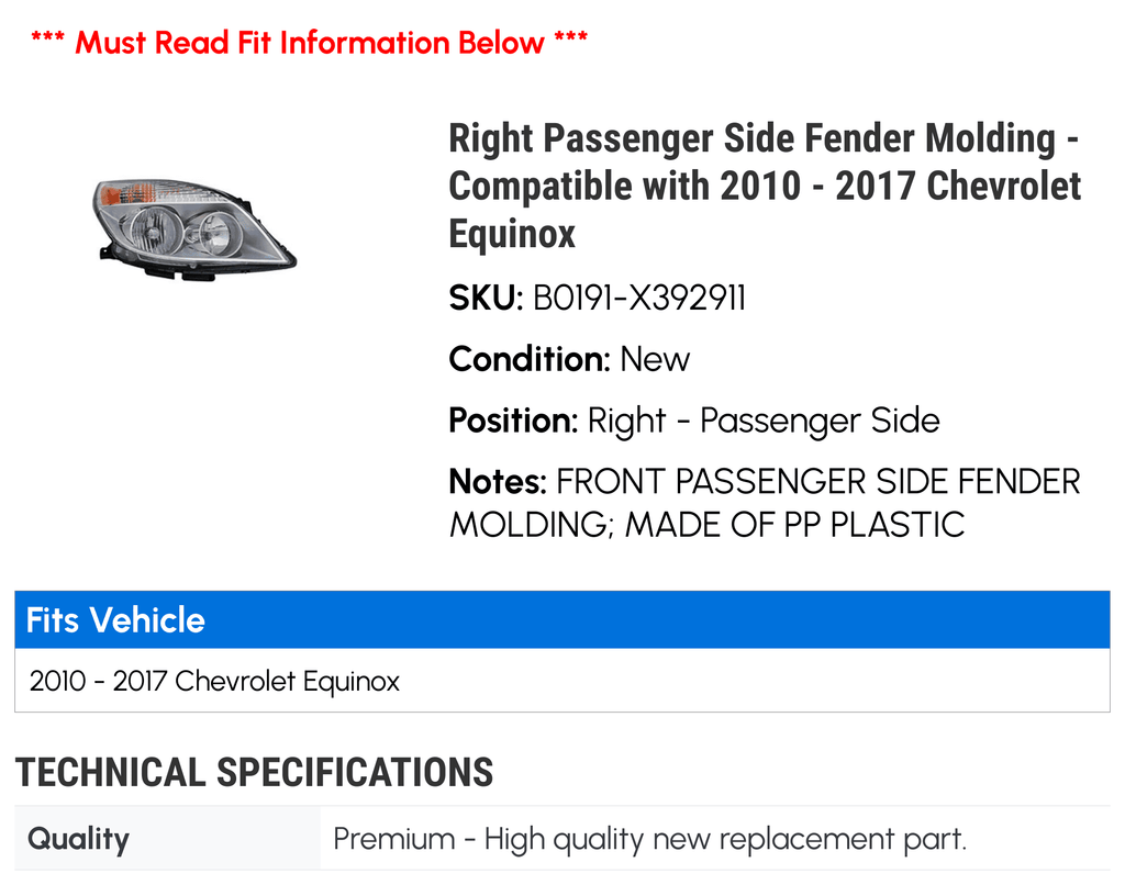 Right Passenger Side Fender Molding for 2010-2017 Chevy Equinox J5330