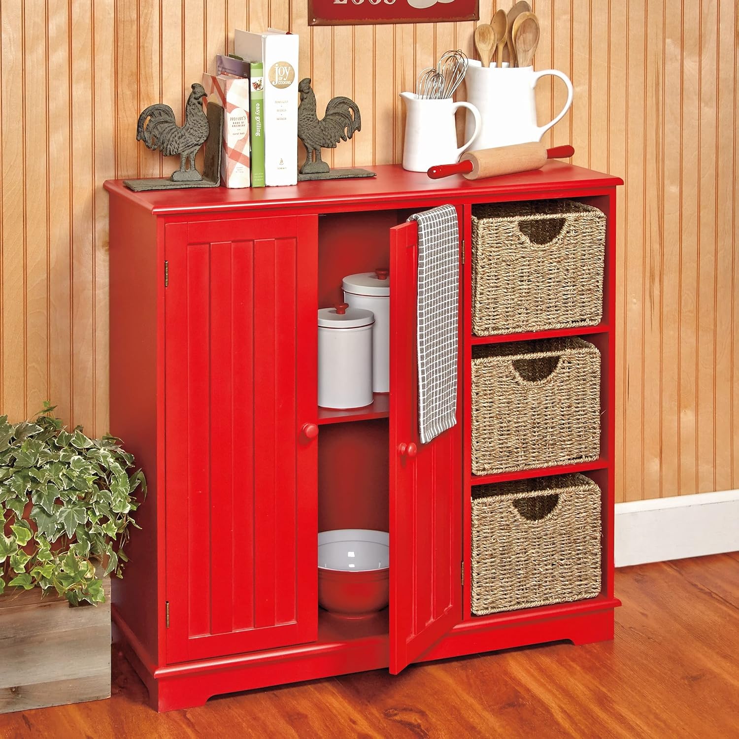 Red Beadboard Buffet Cabinet with Storage V14214