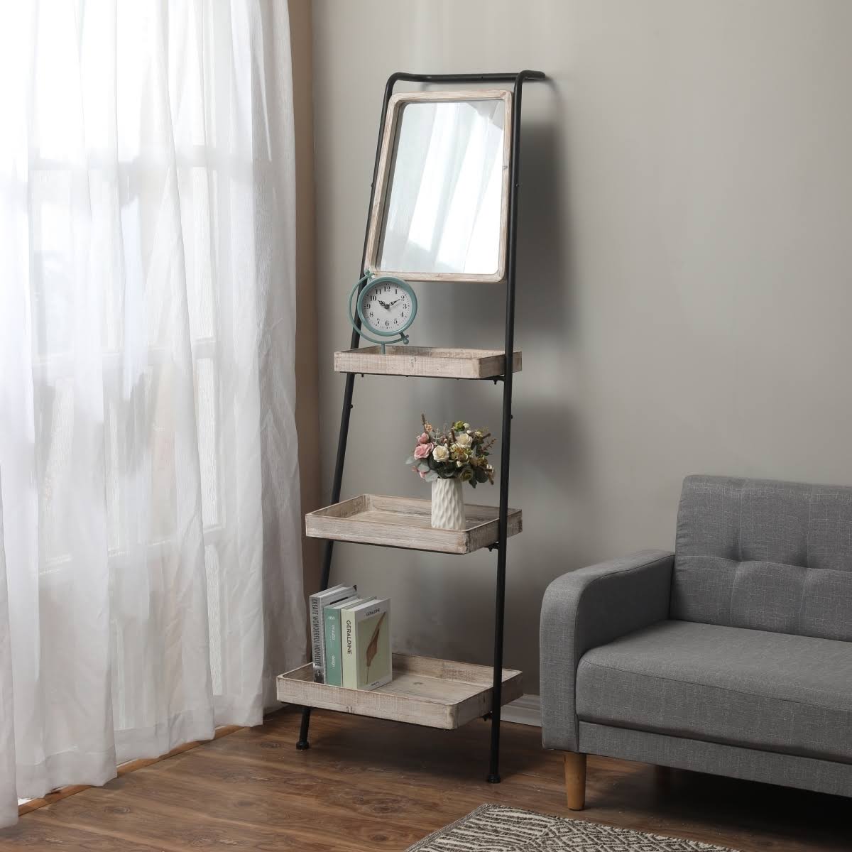 Metal and Wood Three-Tier Ladder Shelf Bookcase Q291646