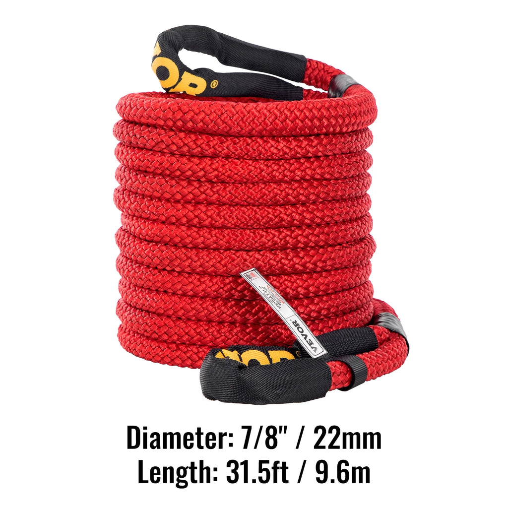 Recovery Tow Rope, 29,300 lbs, Heavy Duty Nylon Double Braided Kinetic Energy Rope with Loops and Protective Sleeves, Red A422655