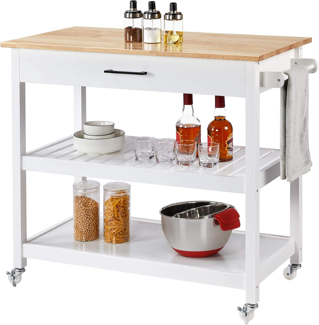 White 3 Tier Rolling Kitchen Cart with Solid Wood Countertop L673