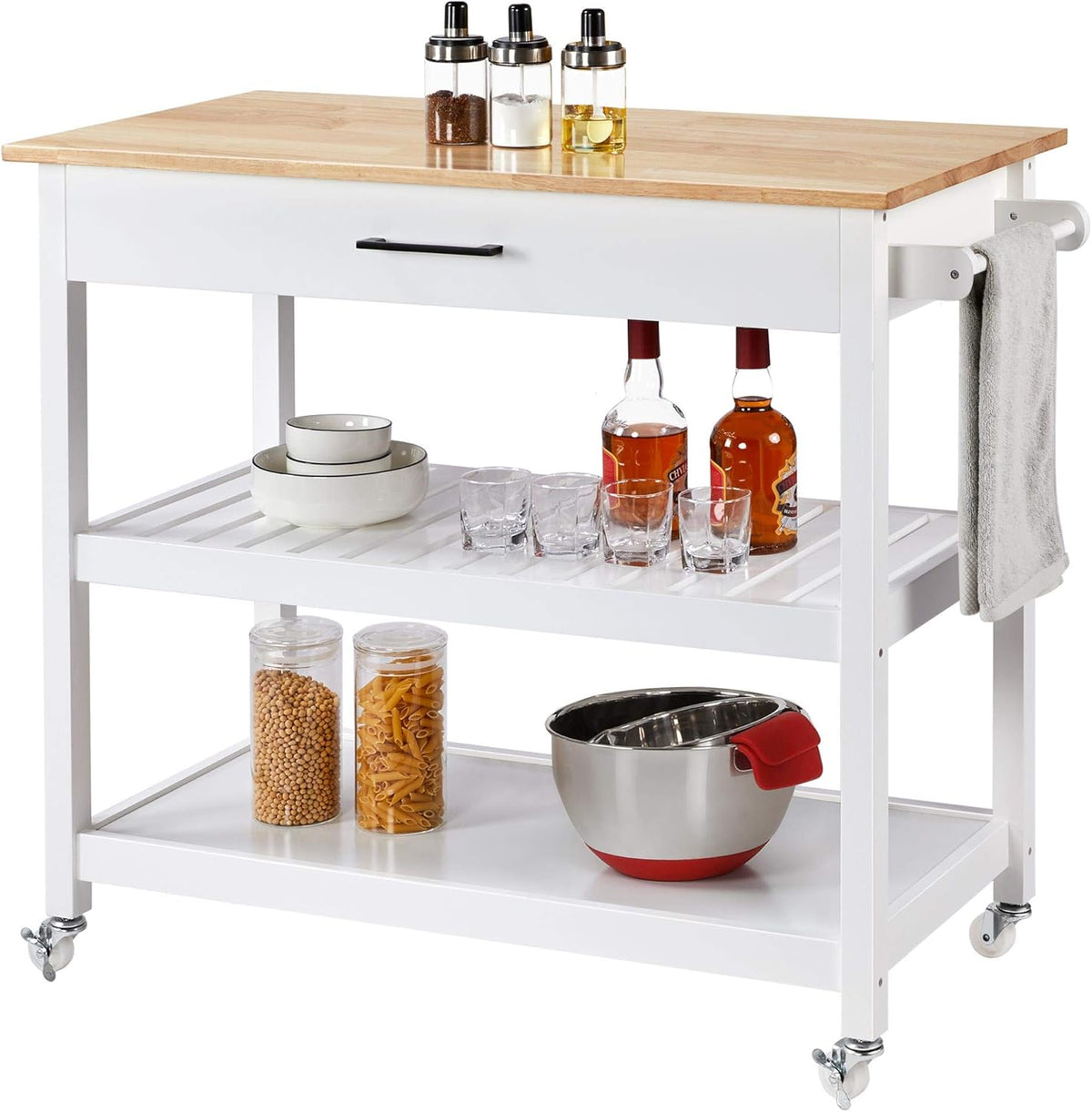 White 3 Tier Rolling Kitchen Cart with Solid Wood Countertop L673