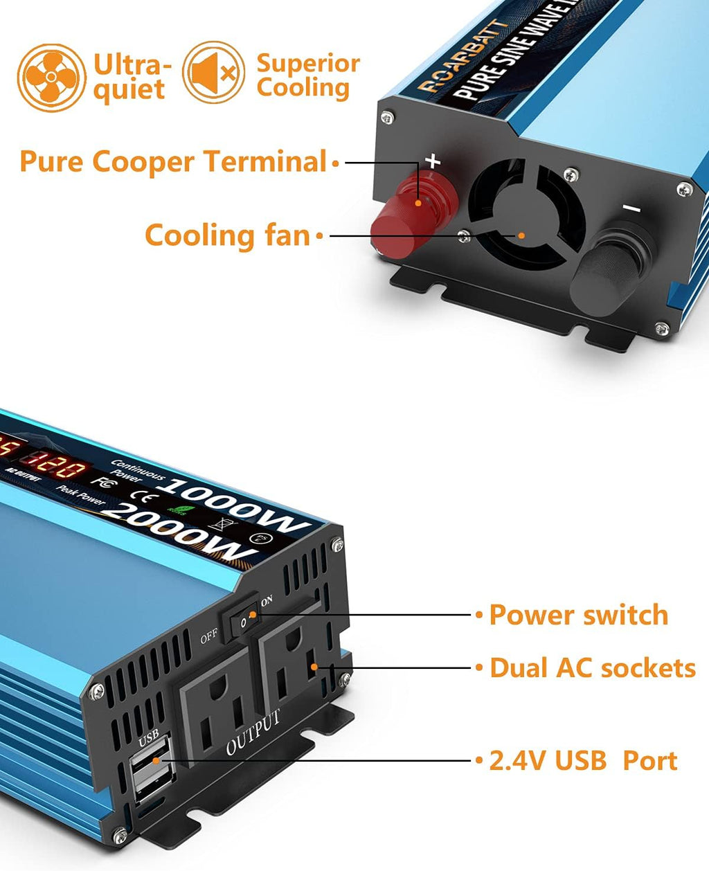 Pure Sine Wave Power Inverter 1000W DC 12V to AC 110V 2 AC Outlets 3.4A USB X796