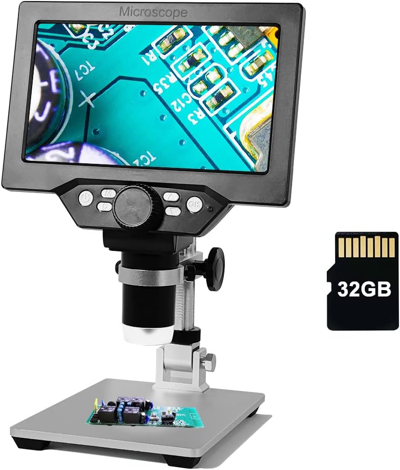 7 inch 1080P LCD Digital Microscope with 32G TF Card, 1200X Magnification Zoom, 12 Megapixels, 8 Adjustable LED Light A108