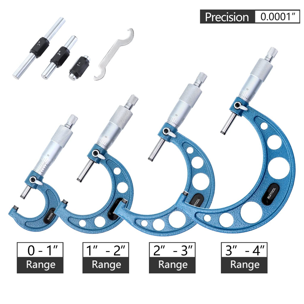 Outside Micrometer Set 0-4inch Range 0.0001" Graduation with Standards, Ratchet Stop, Carbide Heads 4Pcs K983