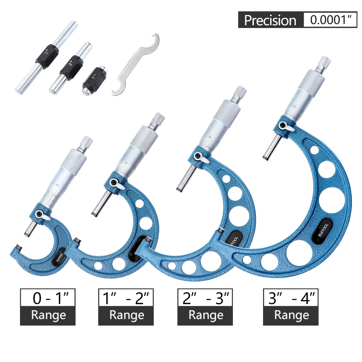 Outside Micrometer Set 0-4inch Range 0.0001" Graduation with Standards, Ratchet Stop, Carbide Heads 4Pcs K983