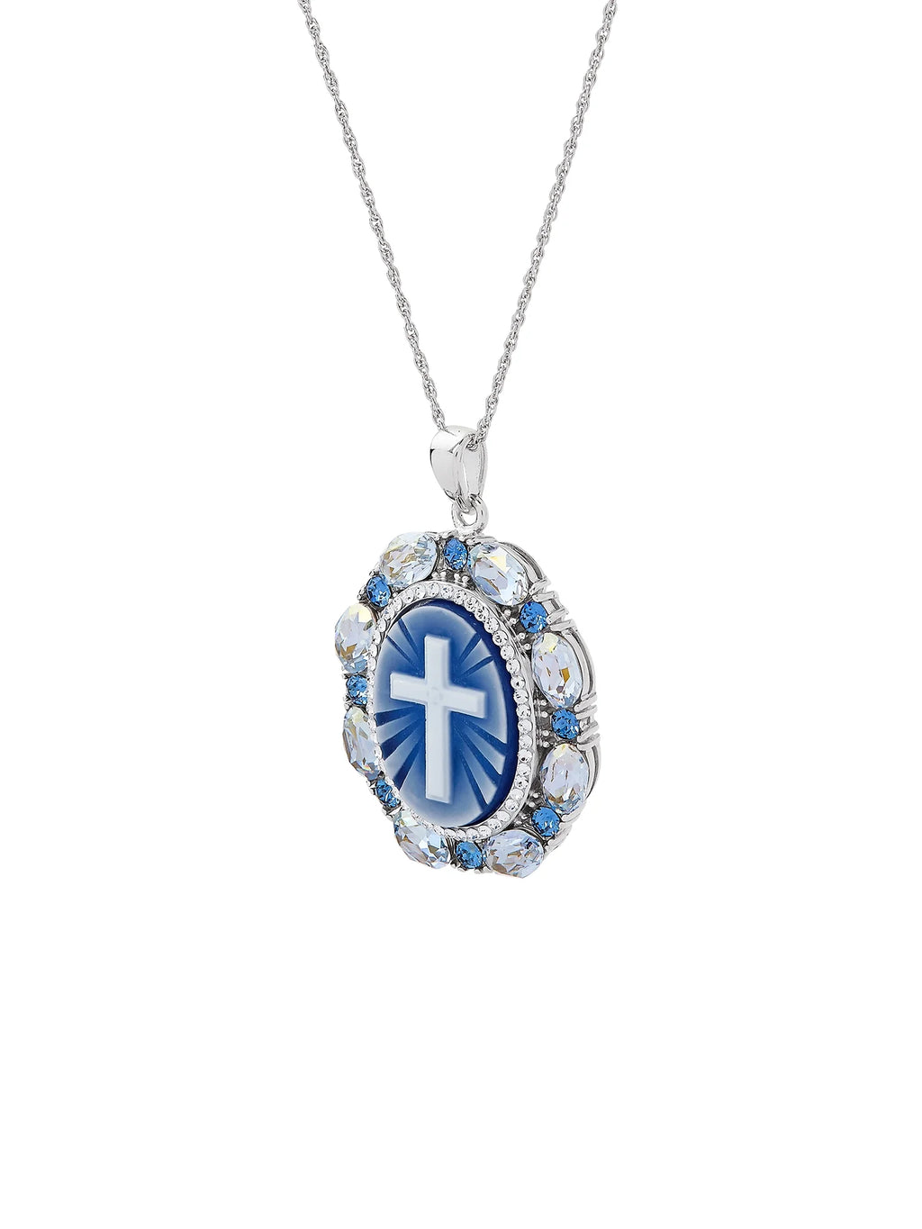 Blue Cross Oval Cameo Crystal Pendant in Sterling Silver, 18'' N6566