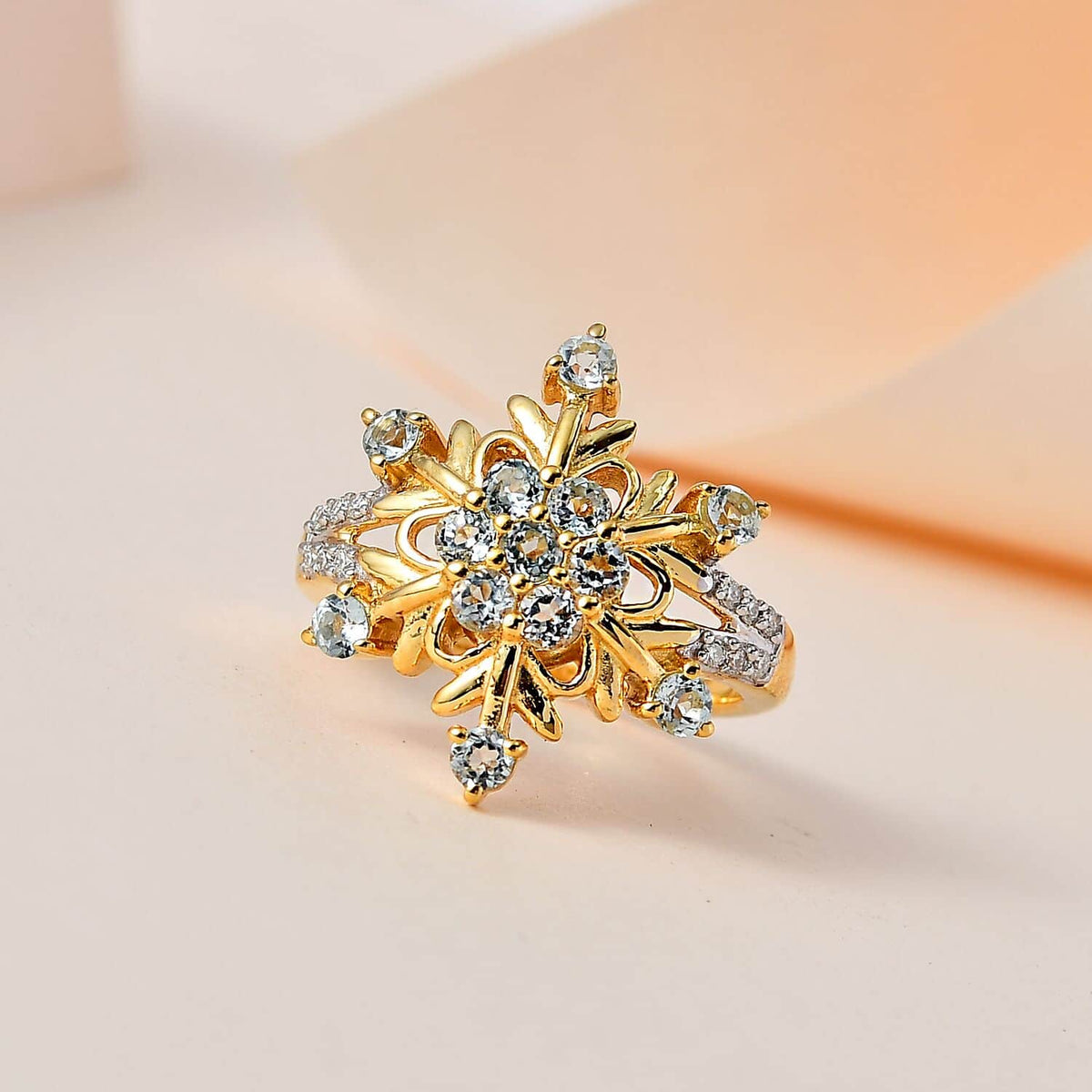 Blue Skyblue Topaz Moissanite Round 925 Sterling Silver Vermeil Yellow Gold Plated Cluster Ring Size 9 Ct 0.94 D114