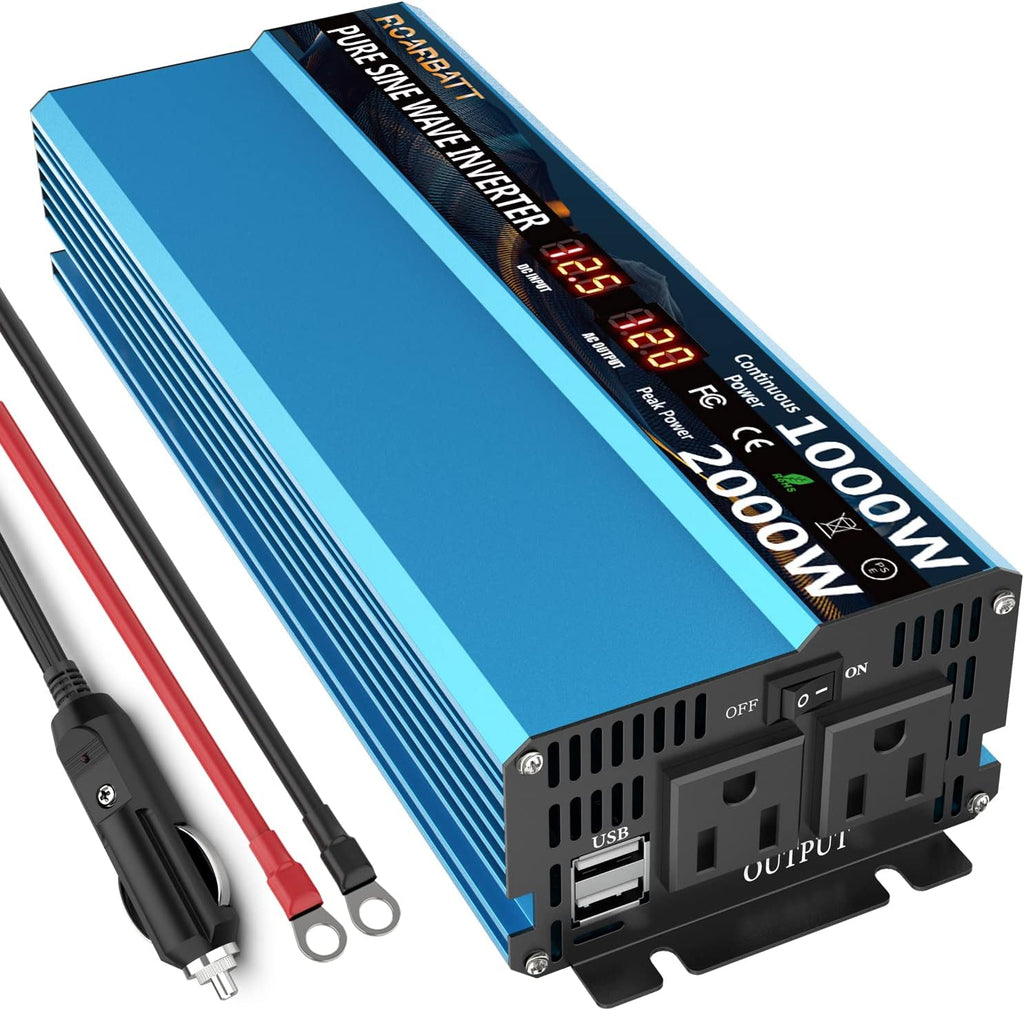 Pure Sine Wave Power Inverter 1000W DC 12V to AC 110V 2 AC Outlets 3.4A USB X796