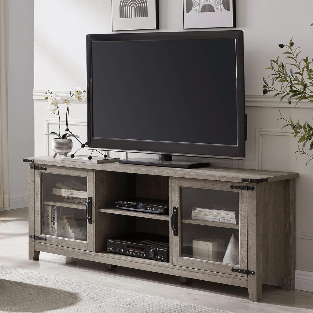 Tall Rustic Oak TV Stand with Glass Storage Cabinets and Open Shelves J3104