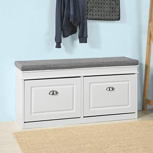 White Storage Bench with Drawers & Padded Seat Cushion B738346