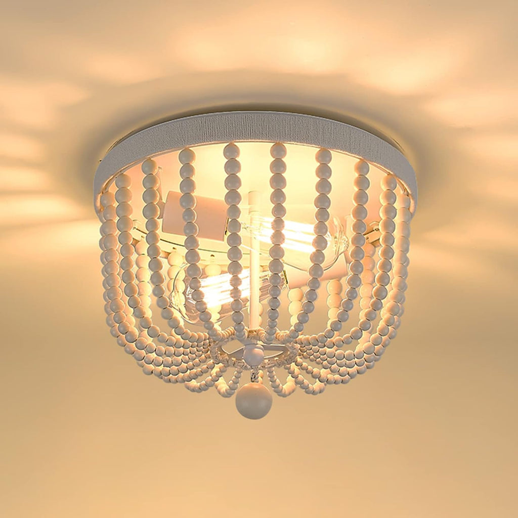 12.3 Boho Flush Mount Ceiling Light, 2-Light Wood Beaded Chandelier with Hemp Rope and White Finish D41124