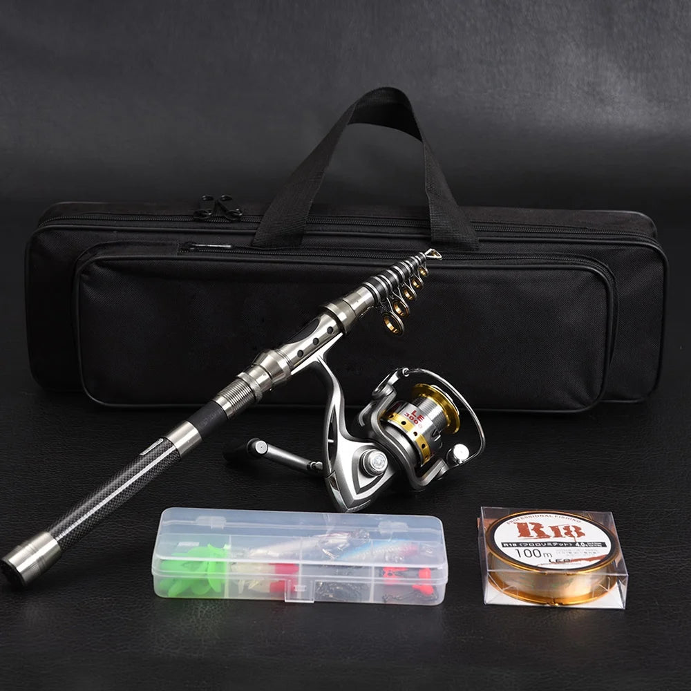 Telescopic Spinning Fishing Rod and Reel Combo Kit with Carrier Bag T119959