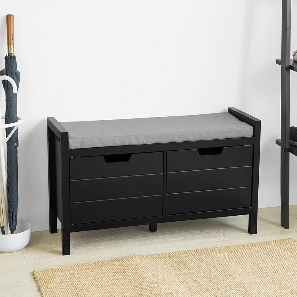 White Storage Bench with Drawers & Padded Seat Cushion B738346