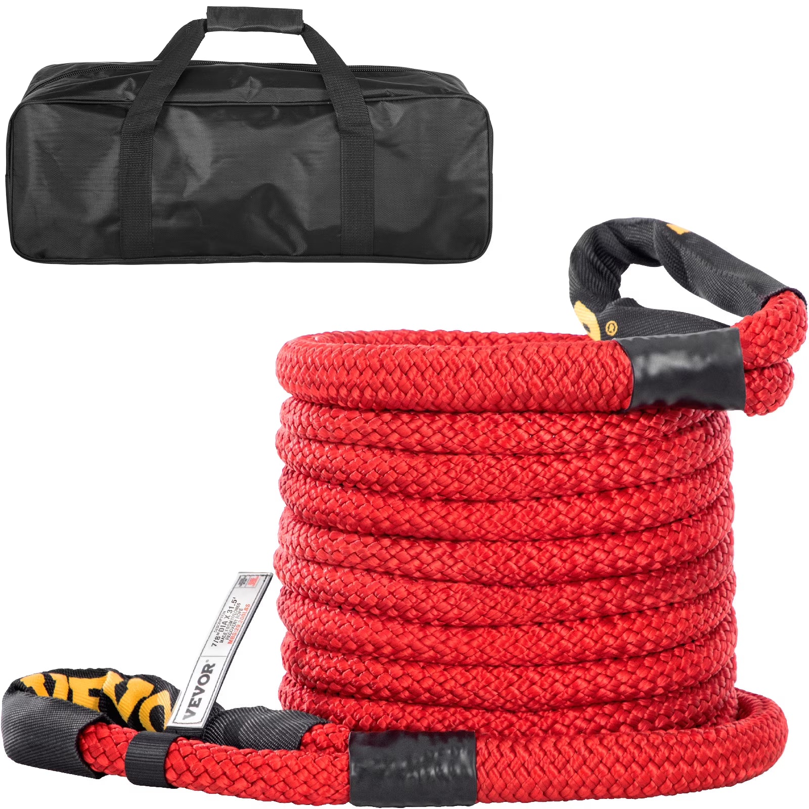 Recovery Tow Rope, 29,300 lbs, Heavy Duty Nylon Double Braided Kinetic Energy Rope with Loops and Protective Sleeves, Red A422655