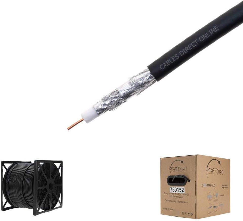 500FT Black RG6 Quad Shielded Coaxial Cable, 18 AWG Copper Clad Steel Conductor, PVC Jacket D422