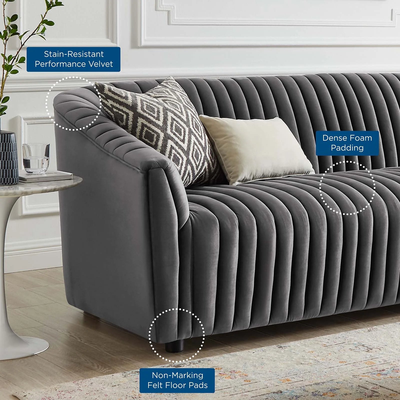 Charcoal Performance Velvet Channel Tufted Sofa Z503104