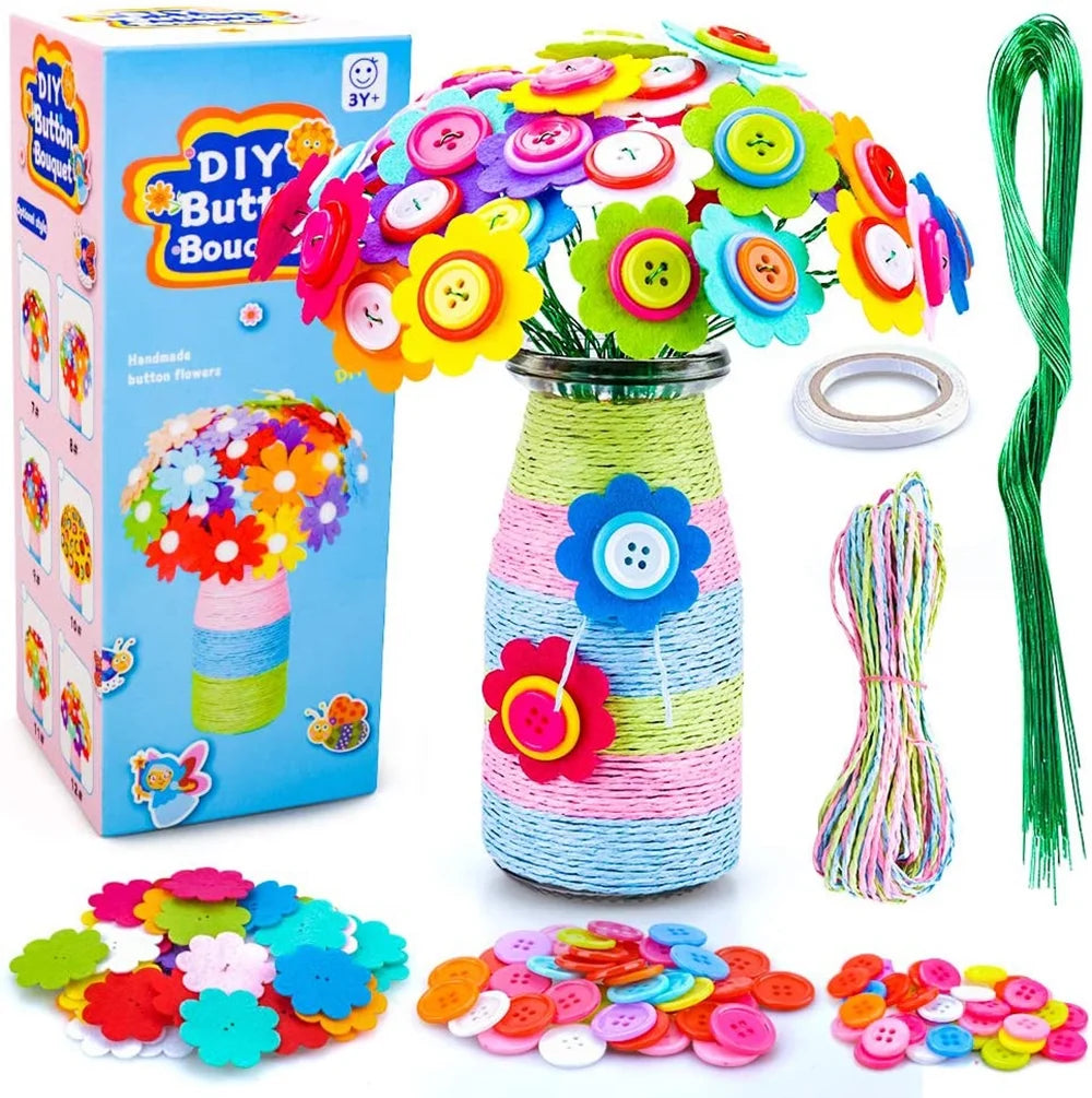 Colorful Buttons and Felt Flower Kit Vase Arts Toy Craft Project G23070