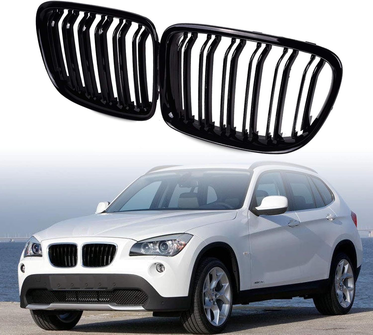 Glossy Black Front Hood Kidney Grille Sport Grill Replacement Dual Slat Pack of 2 Q524