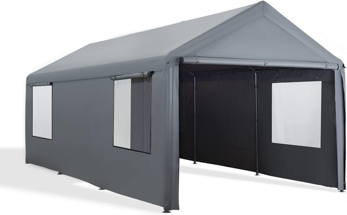 10'x20' Heavy Duty Carport with Roll-up Ventilated Windows, Removable Sidewalls & Doors, All-Season Tarp, Beige Z870664