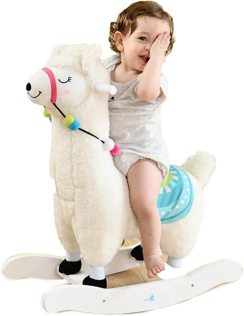 White Alpaca Plush Wooden Rocking Horse G997563