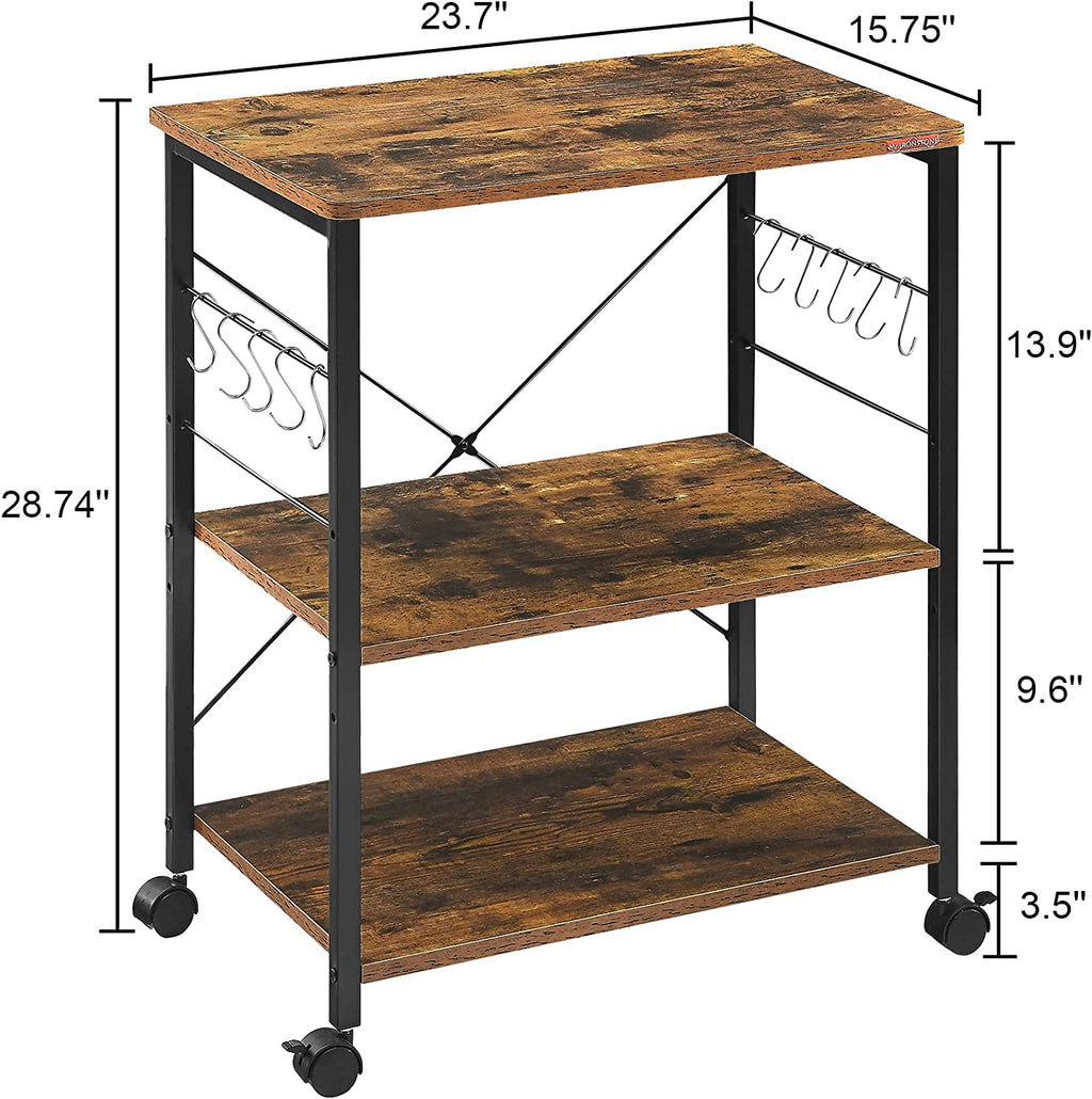 3-Tier Kitchen Utility Storage Shelf with Rolling Wheels, 10 Hooks, Brown F91160