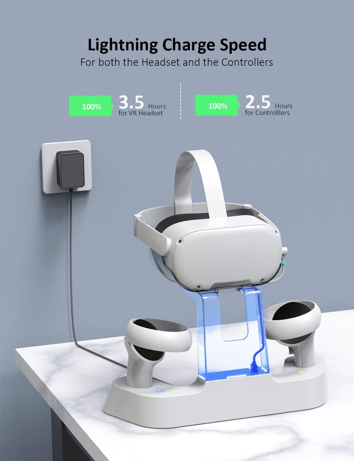 Charging Dock with LED Light for Oculus Quest 2, Headset Display Stand and Controller Mount, 2 Rechargeable Batteries, Magnetic Cable Pack of 2 C57386