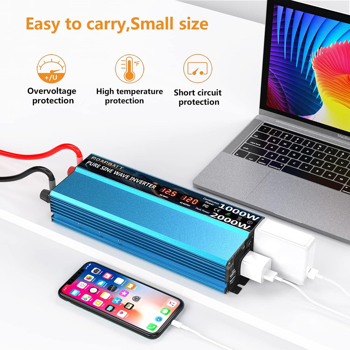 Pure Sine Wave Power Inverter 1000W DC 12V to AC 110V 2 AC Outlets 3.4A USB X796