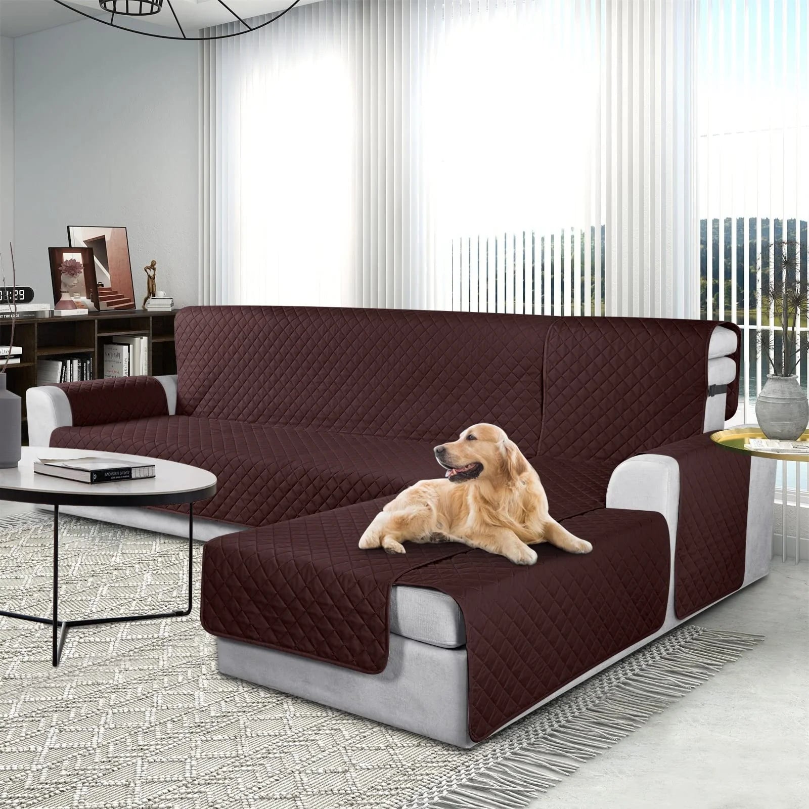 Large/Chocolate Waterproof L Shaped Sofa Covers 3pcs J222410