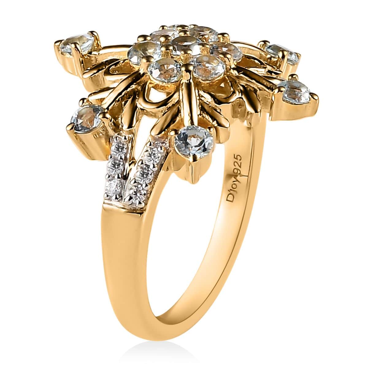 Blue Skyblue Topaz Moissanite Round 925 Sterling Silver Vermeil Yellow Gold Plated Cluster Ring Size 9 Ct 0.94 D114