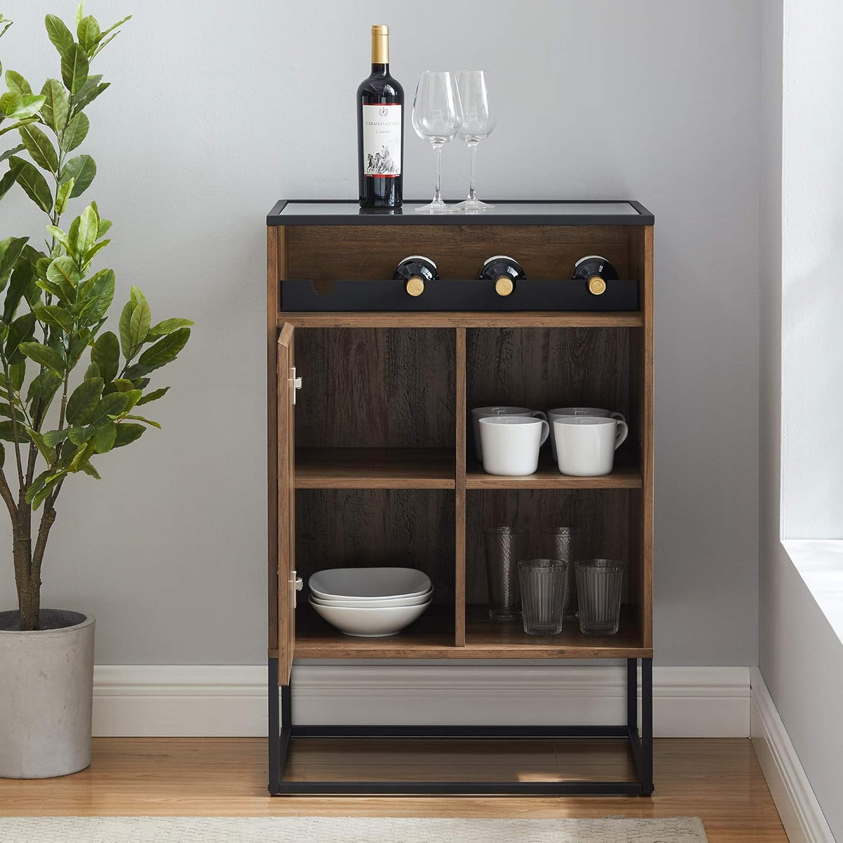 Rustic Oak Wood and Glass Bar Cabinet S110605