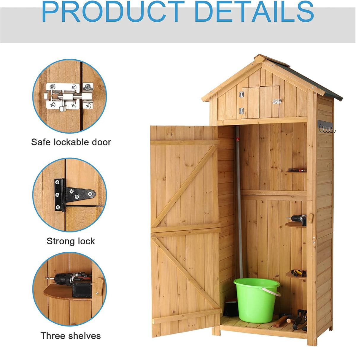Outdoor Storage Shed Wood Garden Storage Cabinet Waterproof Tool Storage Cabinet with Lockable Doors U45198
