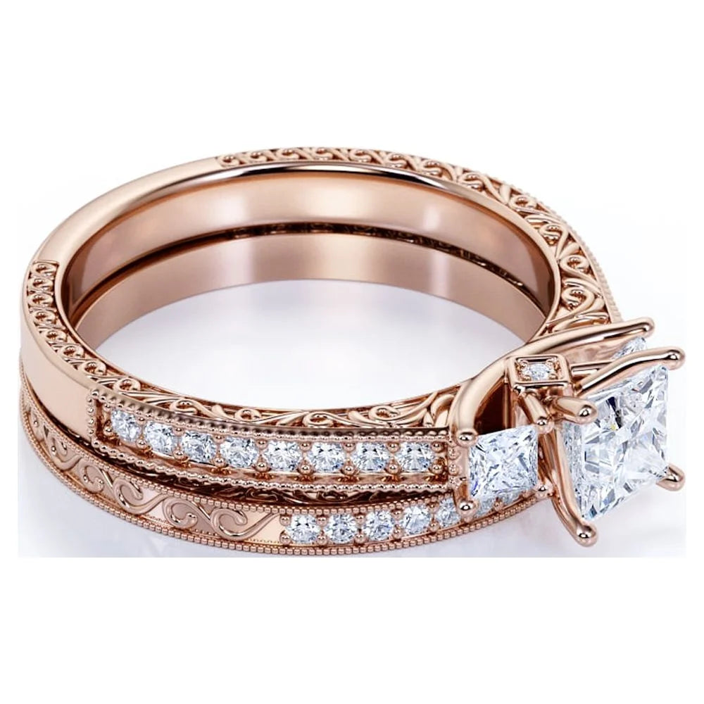18K Rose Gold over Silver Three Stone Ring Set H47200