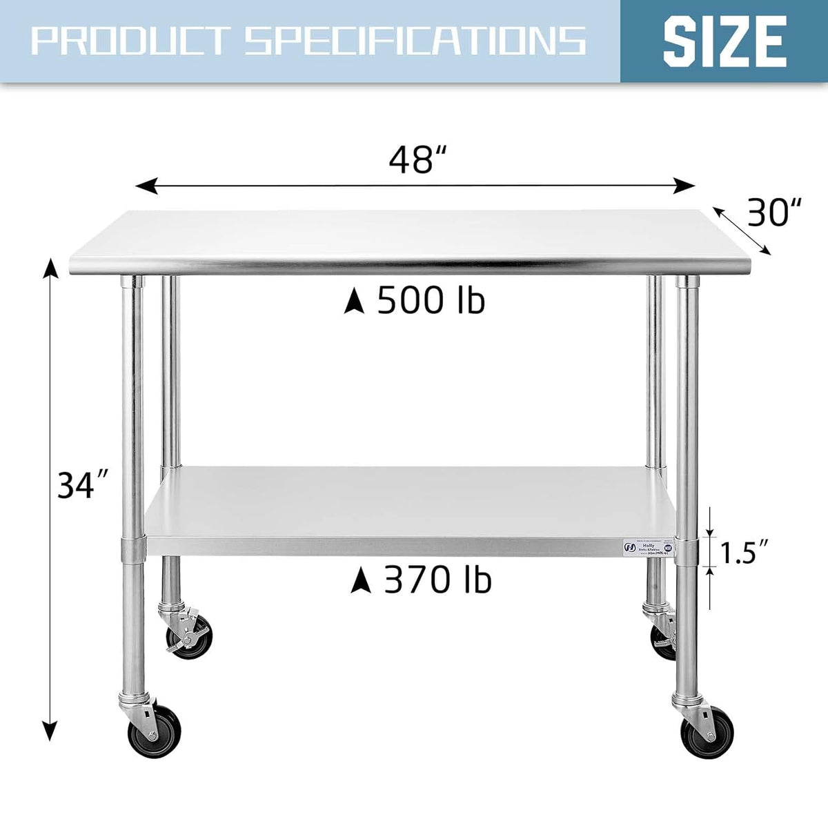 Stainless Steel Table 24 x 48 Inches with Caster Wheels and Undershelf O15654