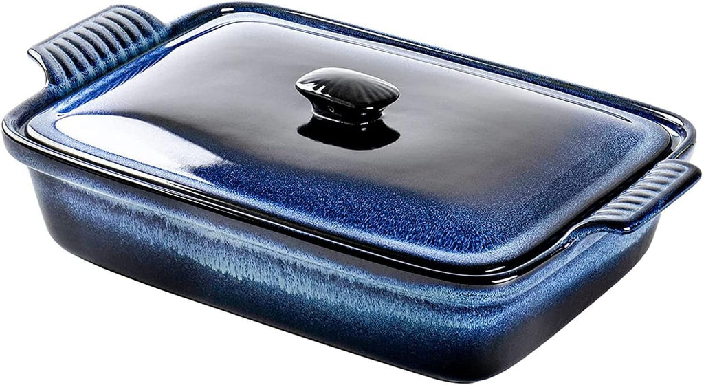 Rectangular Casserole Dish with Lid, 2.8qt Covered Casserole, Reactive Glaze Space Blue, Baking Dish G770