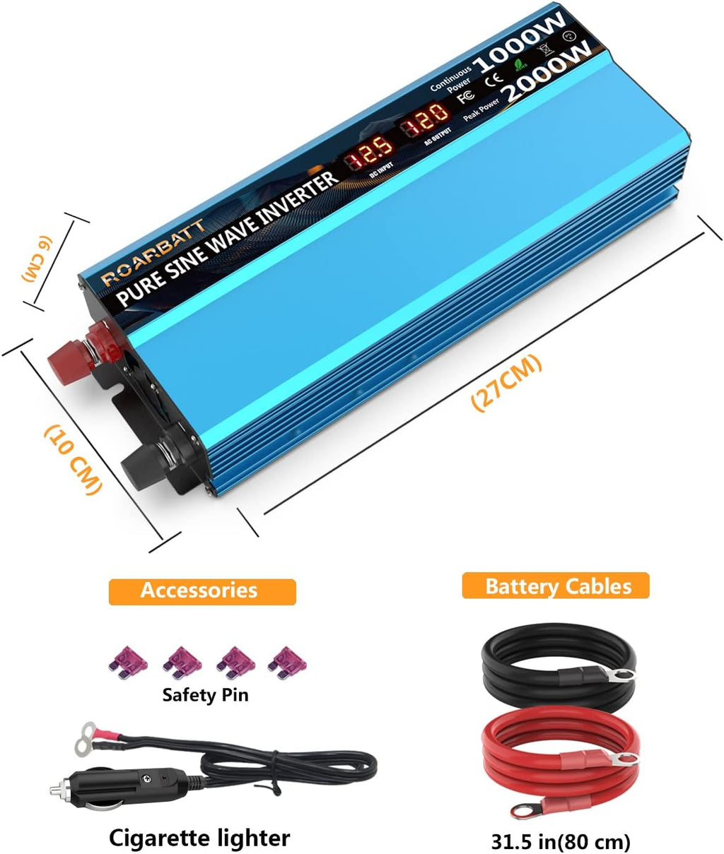 Pure Sine Wave Power Inverter 1000W DC 12V to AC 110V 2 AC Outlets 3.4A USB X796