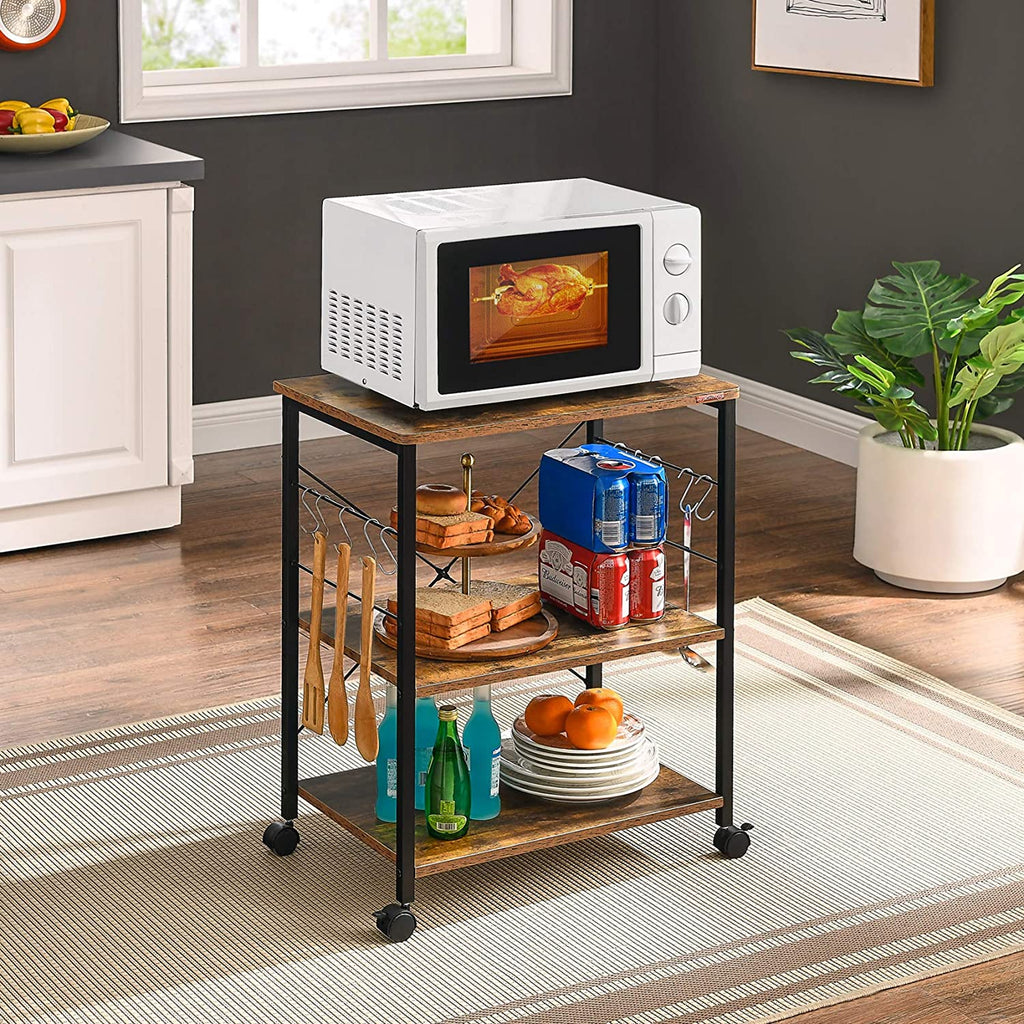 3-Tier Kitchen Utility Storage Shelf with Rolling Wheels, 10 Hooks, Brown F91160