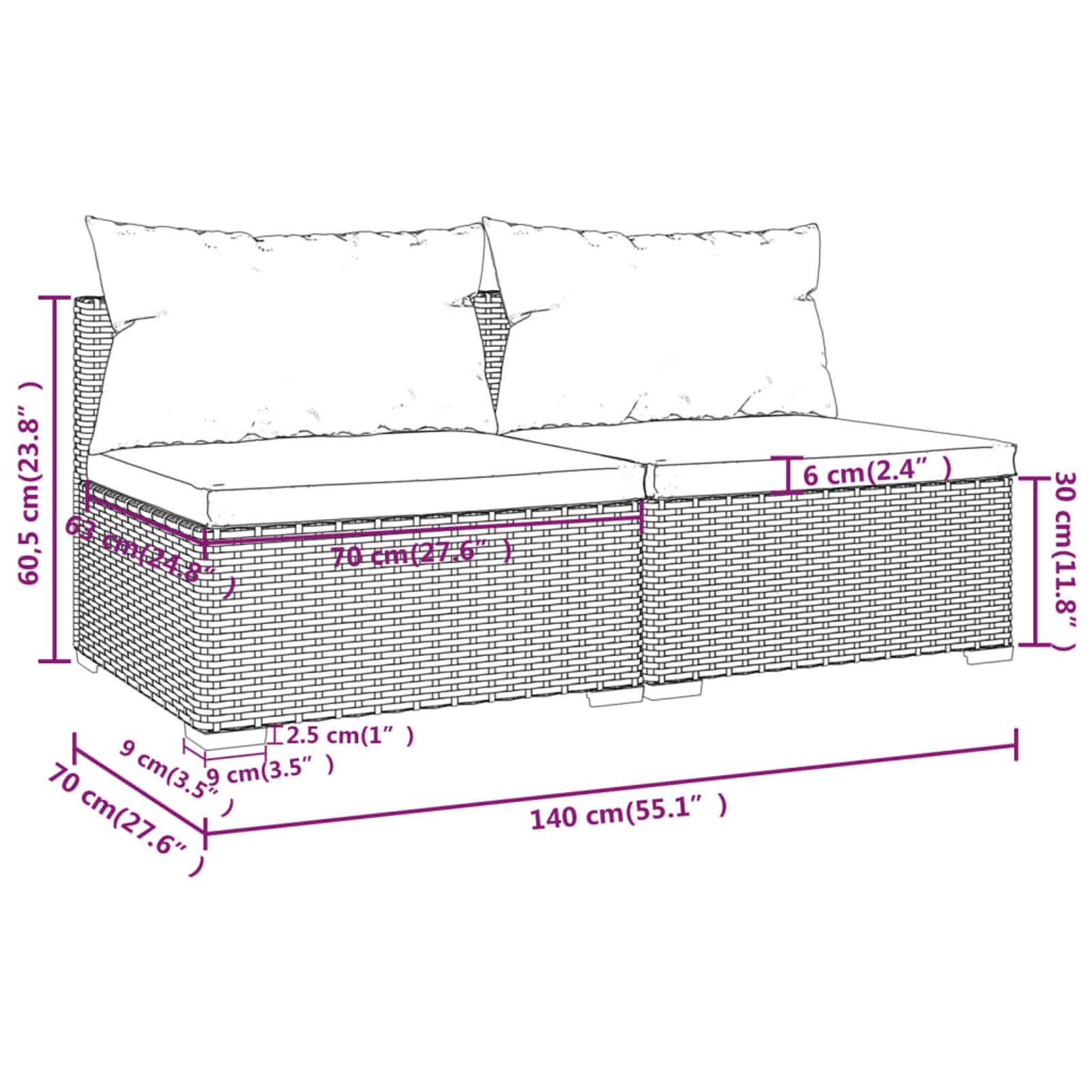 2 Piece Poly Rattan Patio Set with Cushions S1357