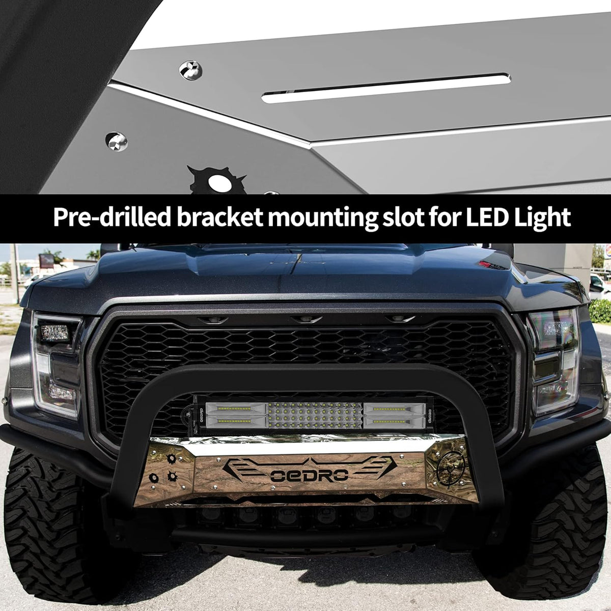 Chrome and Black Truck Brush Push Bumper Guard with Skid Plate Light Mount Y187