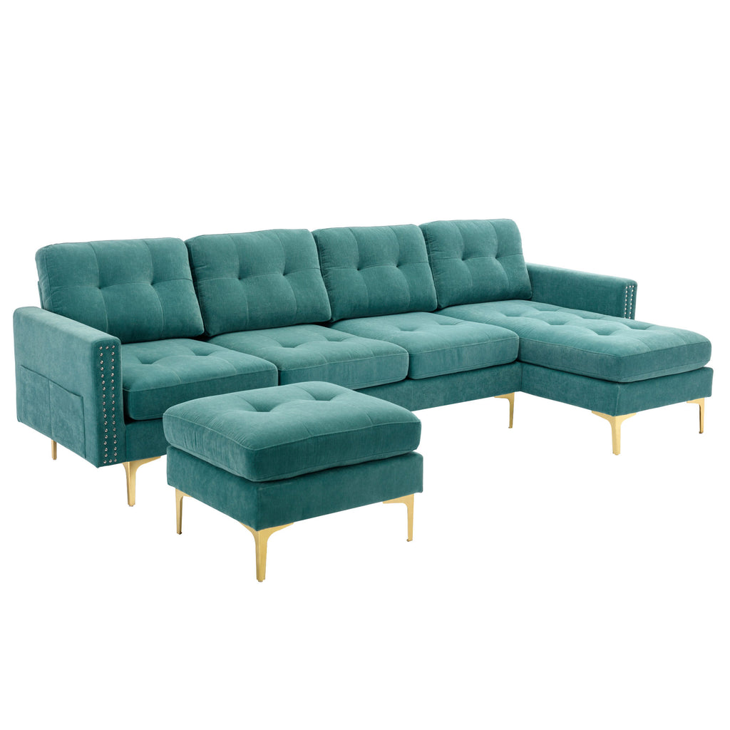 Green L-Shape Convertible Sectional Sofa with Movable Ottoman I71886