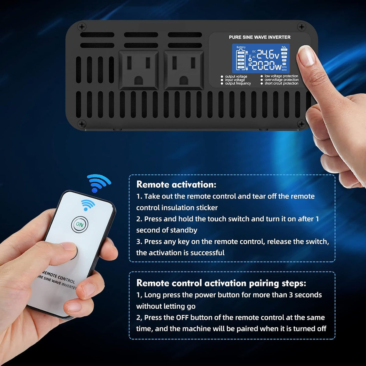 1500W Pure Sine Wave Power Inverter DC 24V to AC 110V-130V with LCD Display and Wireless Remote Control N78308