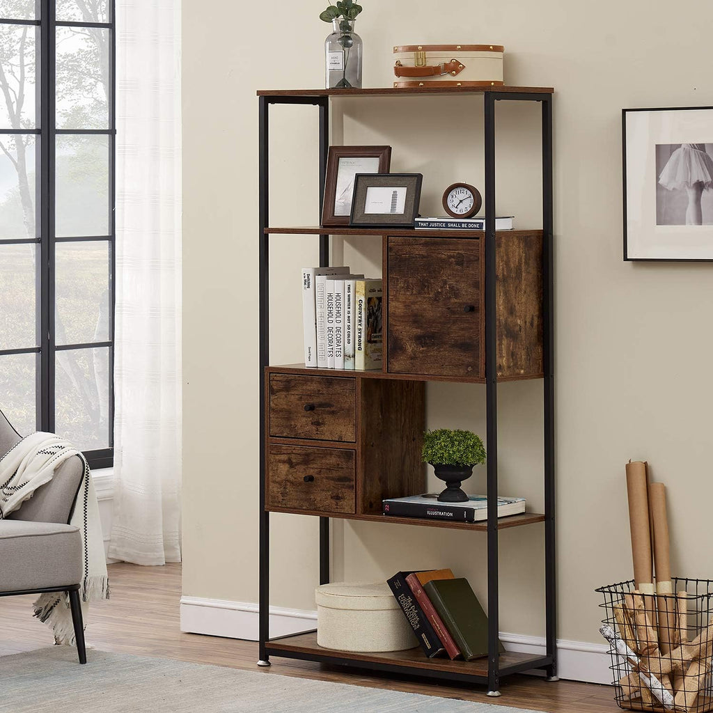 5 Tier Wood Bookcase with Drawer and Door, Rustic Brown C143743